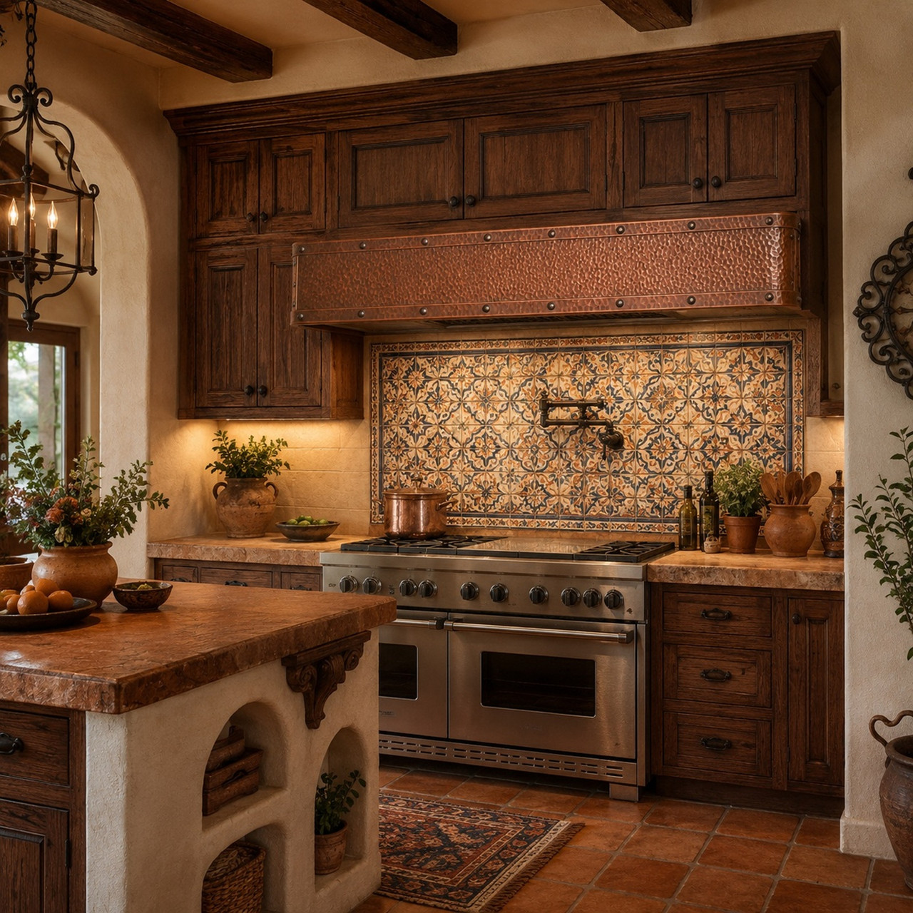 Hacienda kitchen with under-cabinet hammered copper box hood, riveted bands, and warm patina