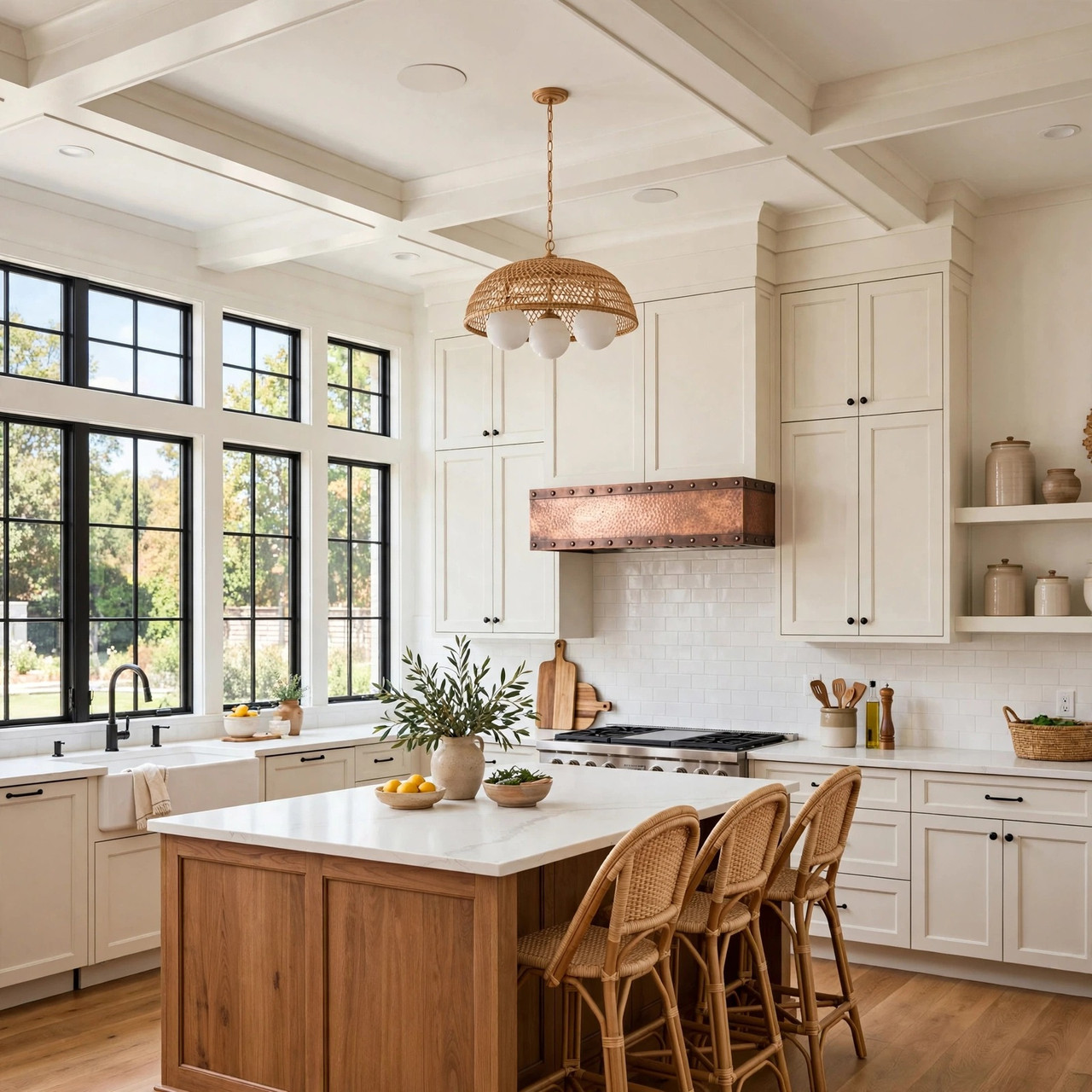 Modern farmhouse kitchen with hand-hammered copper under-cabinet box hood and riveted bands