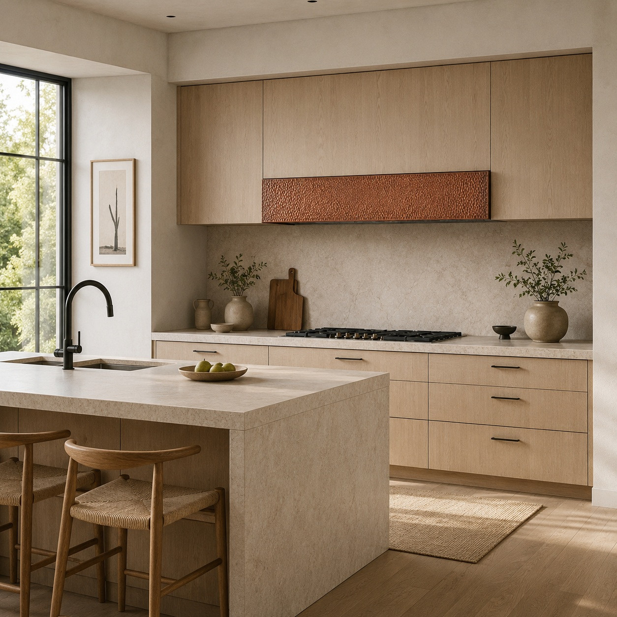 Japandi kitchen with hammered copper box under-cabinet range hood and clean wood cabinetry