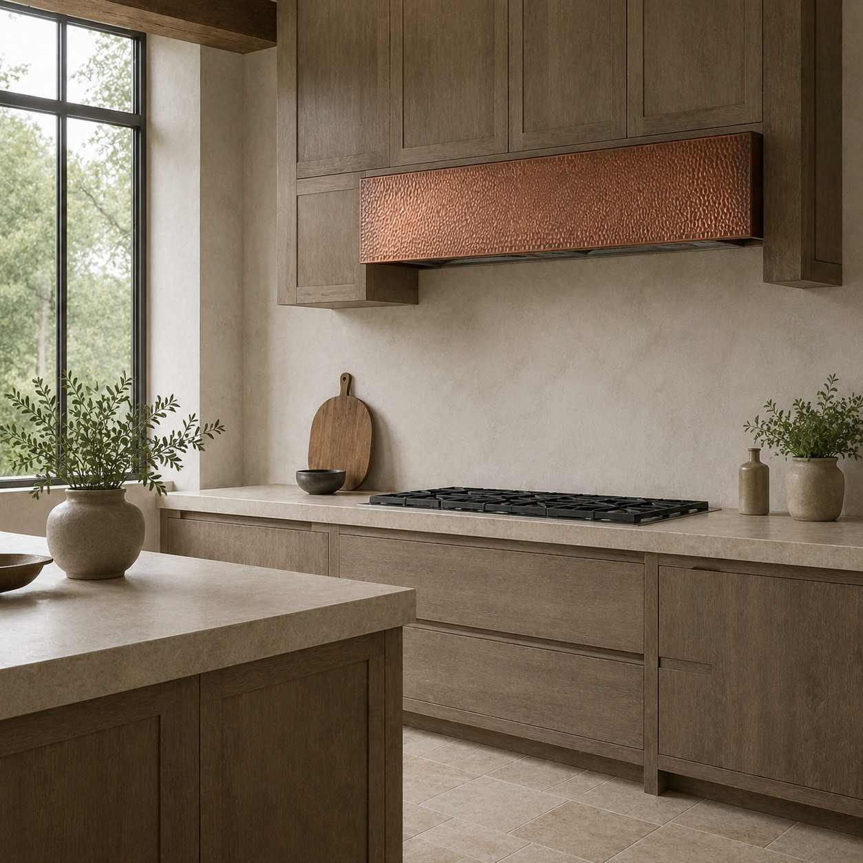 Belgian kitchen with hammered copper box under-cabinet hood and warm neutral finishes