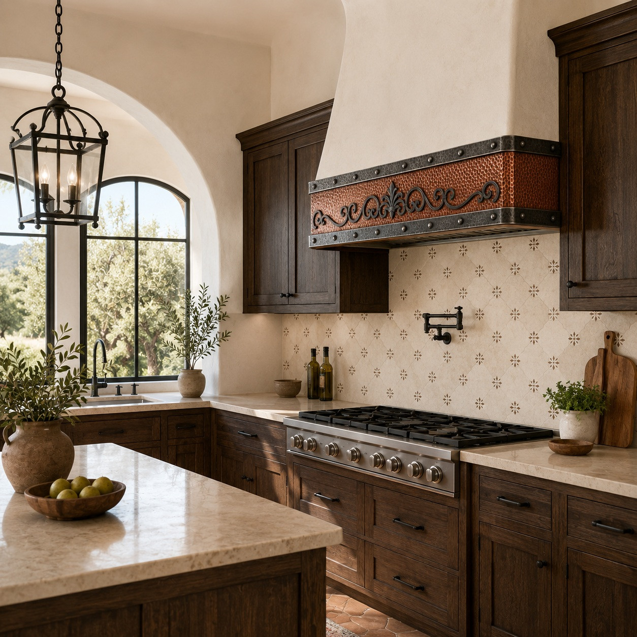Spanish Colonial kitchen with hammered copper under-cabinet hood, zinc bands, and iron scroll