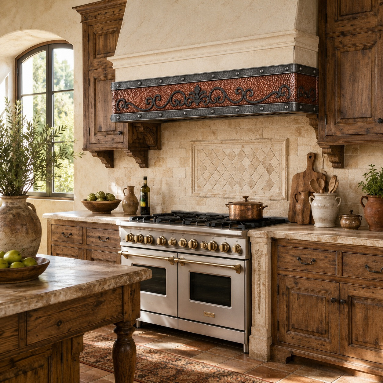 Tuscan kitchen with hammered copper under-cabinet hood, zinc bands, rivets, and forged iron scroll