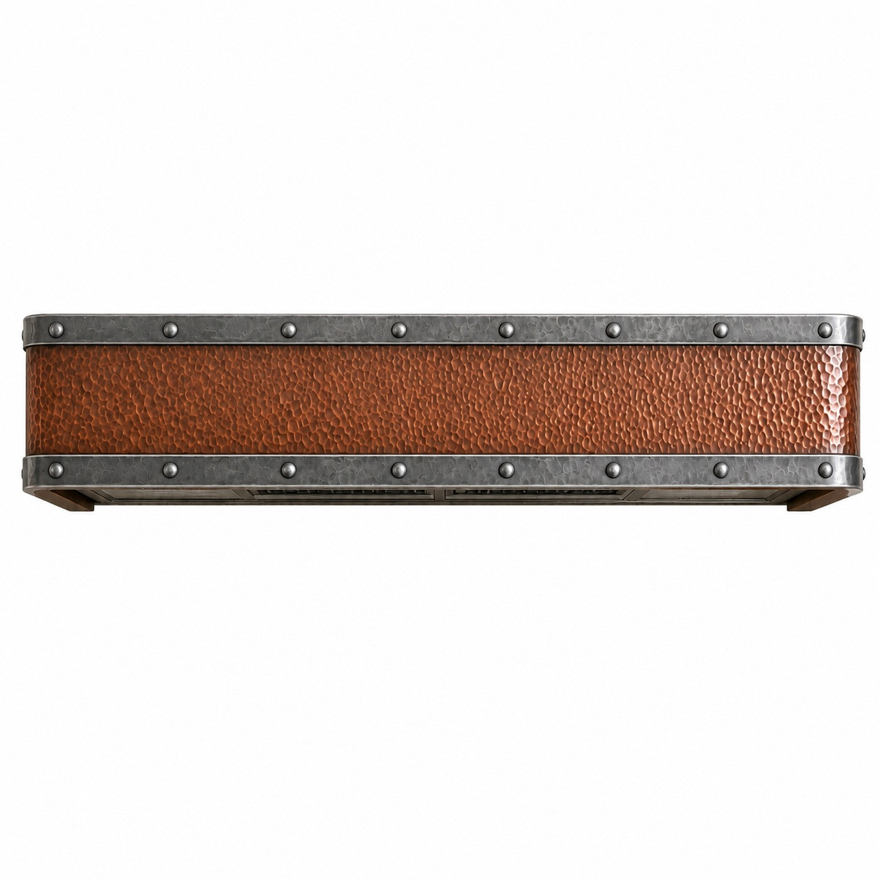 Hammered copper box range hood with riveted aged zinc bands isolated on a white background