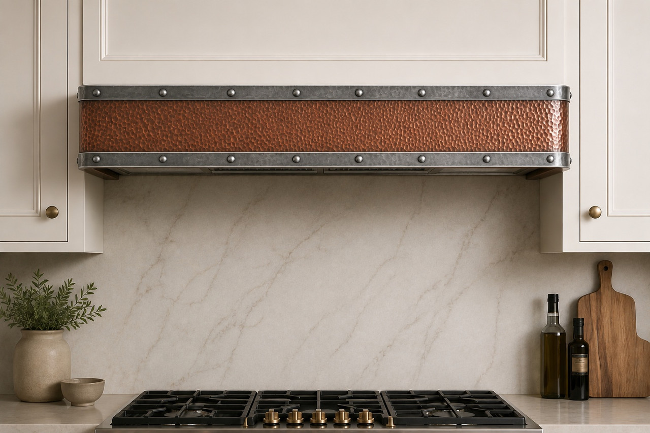 Hammered copper box under-cabinet range hood with riveted aged zinc bands