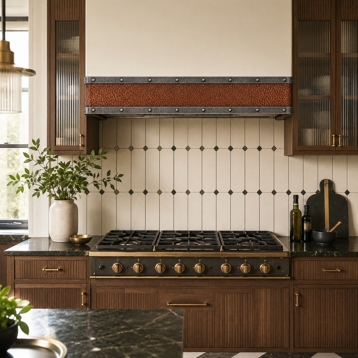 Art Deco revival kitchen with hammered copper under-cabinet hood, zinc bands, and rivets