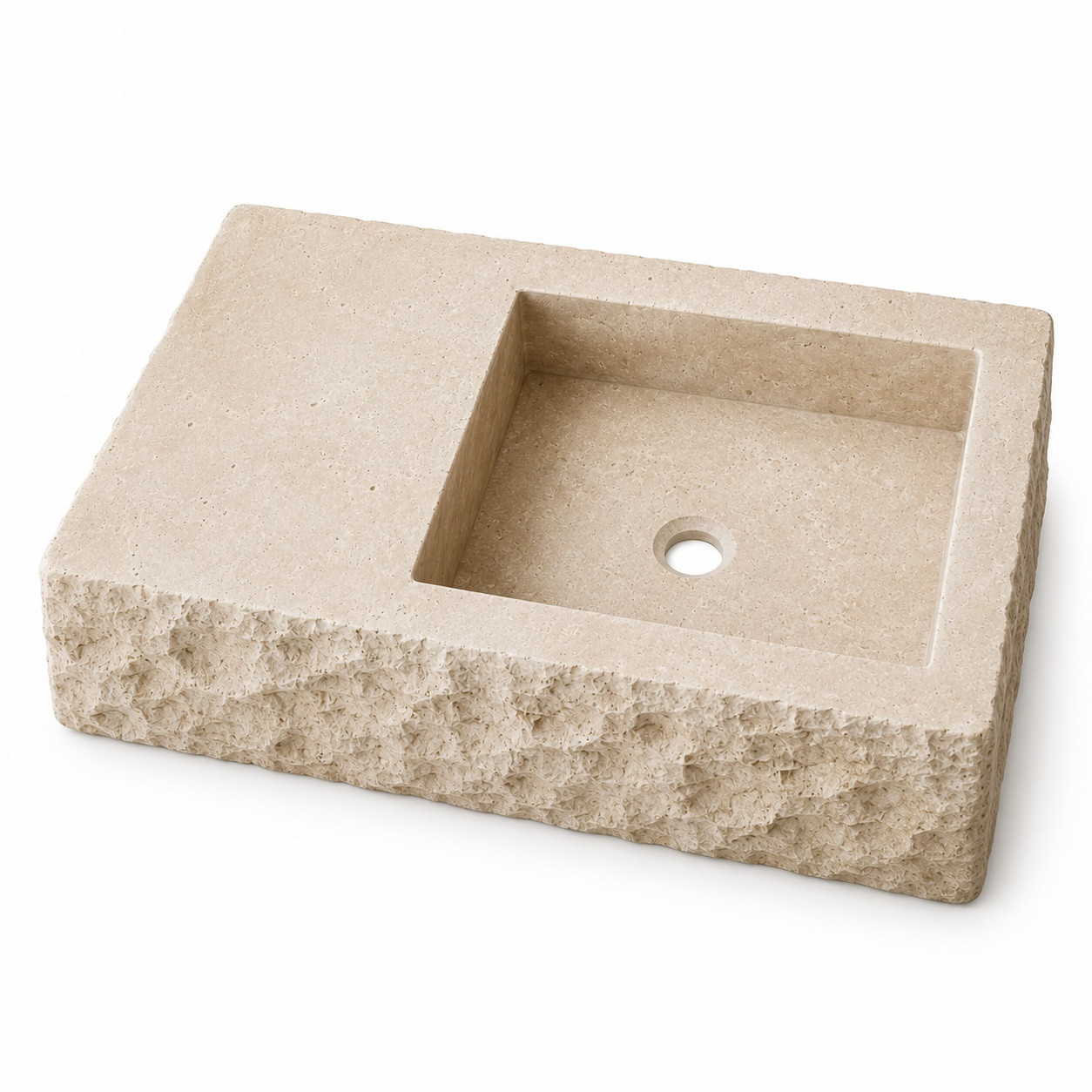 Handcrafted cantera stone sink angled product view on white background with rough exterior and square basin