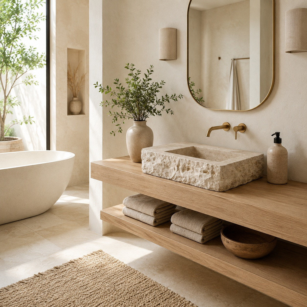 Organic modern bathroom with rectangular cantera sink, square basin, and left deck