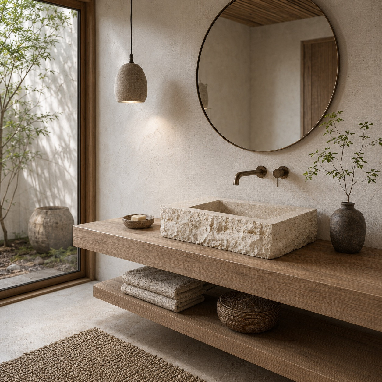 Japanese modern bathroom with rectangular cantera sink, square basin, and quiet stone texture