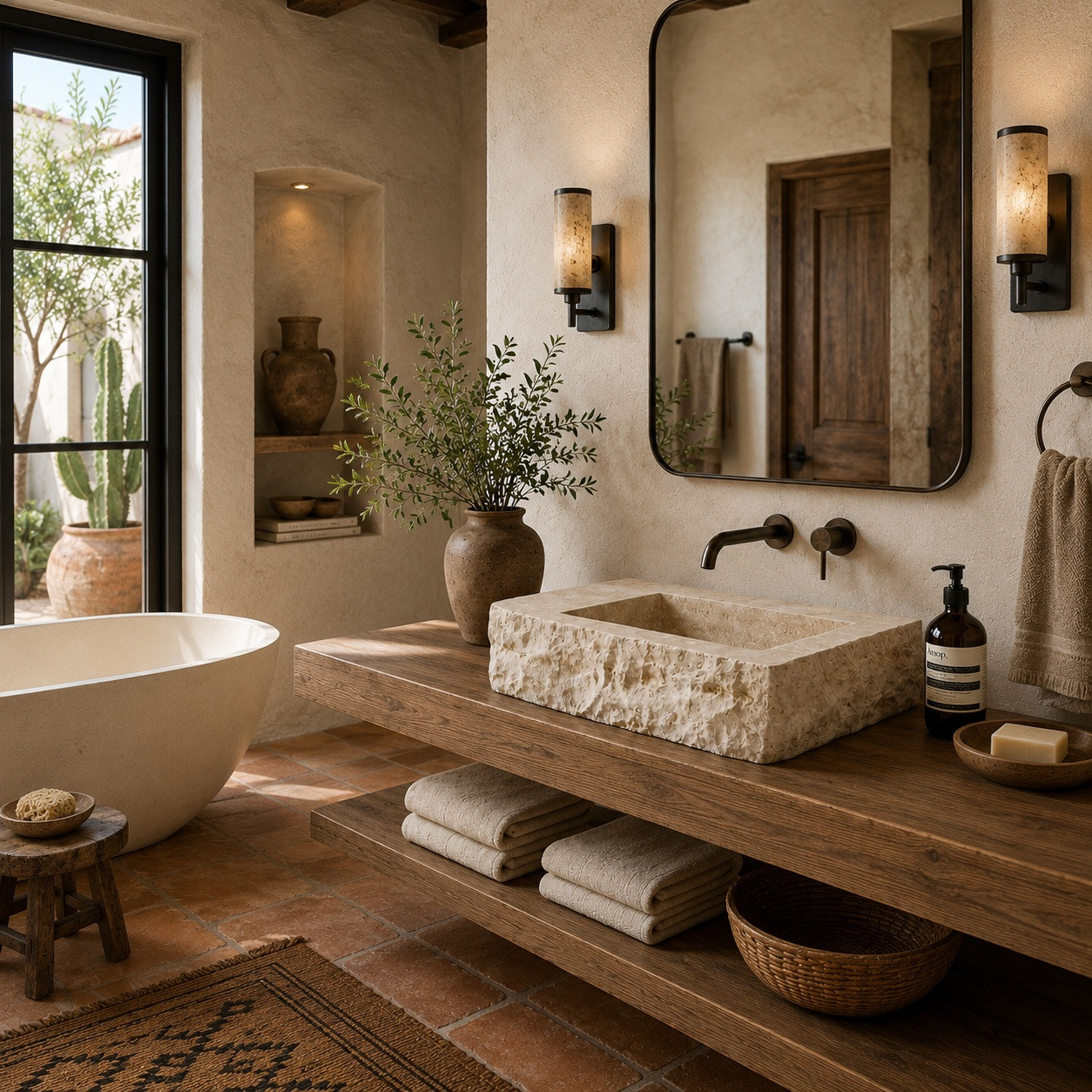 Modern Hacienda bathroom with rectangular cantera stone sink and square basin deck