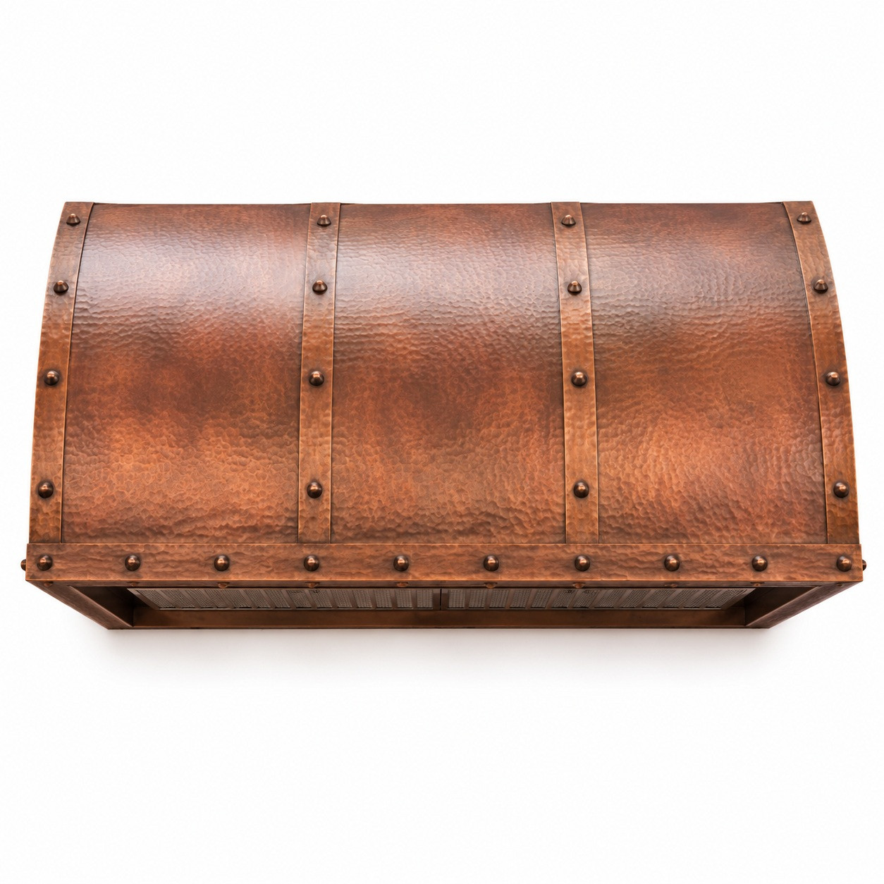 Barrel-vault under-cabinet copper range hood with riveted straps, lower band, rounded profile, and warm patina