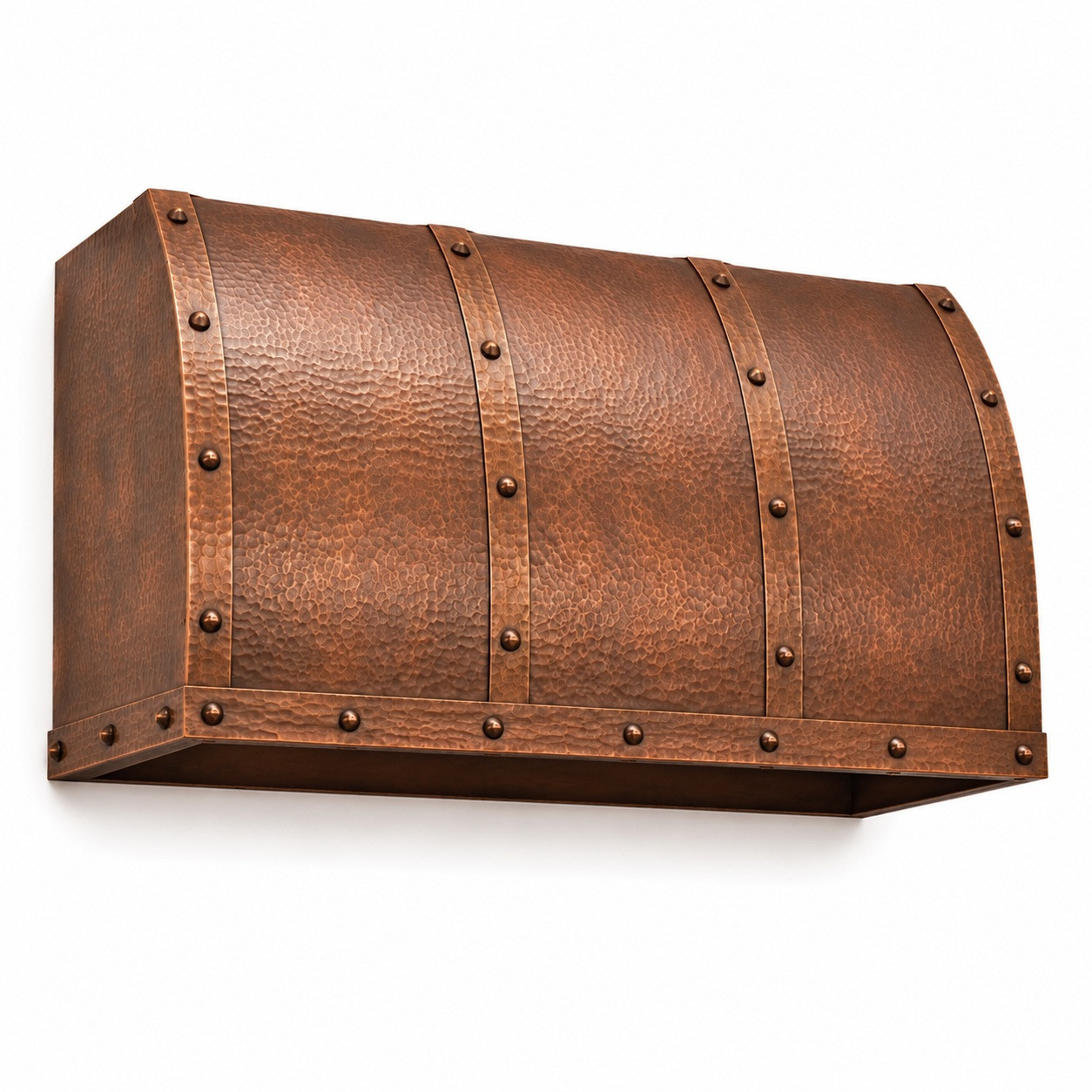 Angled view of a riveted under-cabinet copper range hood with softly hammered antique copper barrel canopy