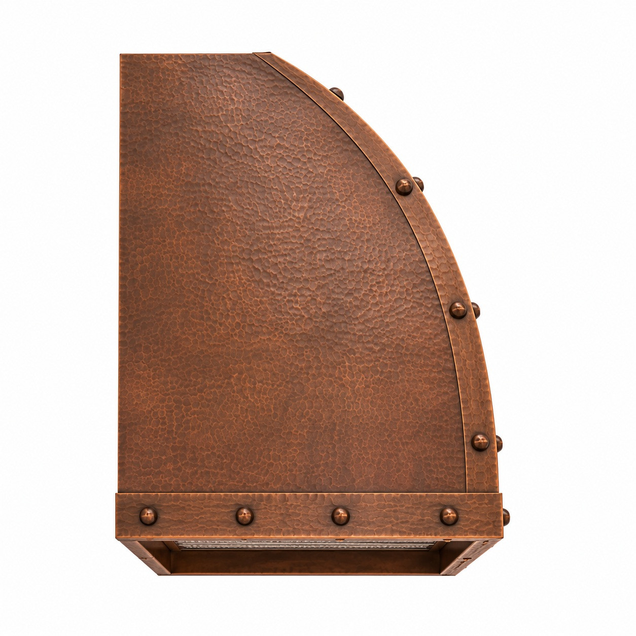 Side profile of a barrel-vault under-cabinet copper range hood with antique patina and riveted trim