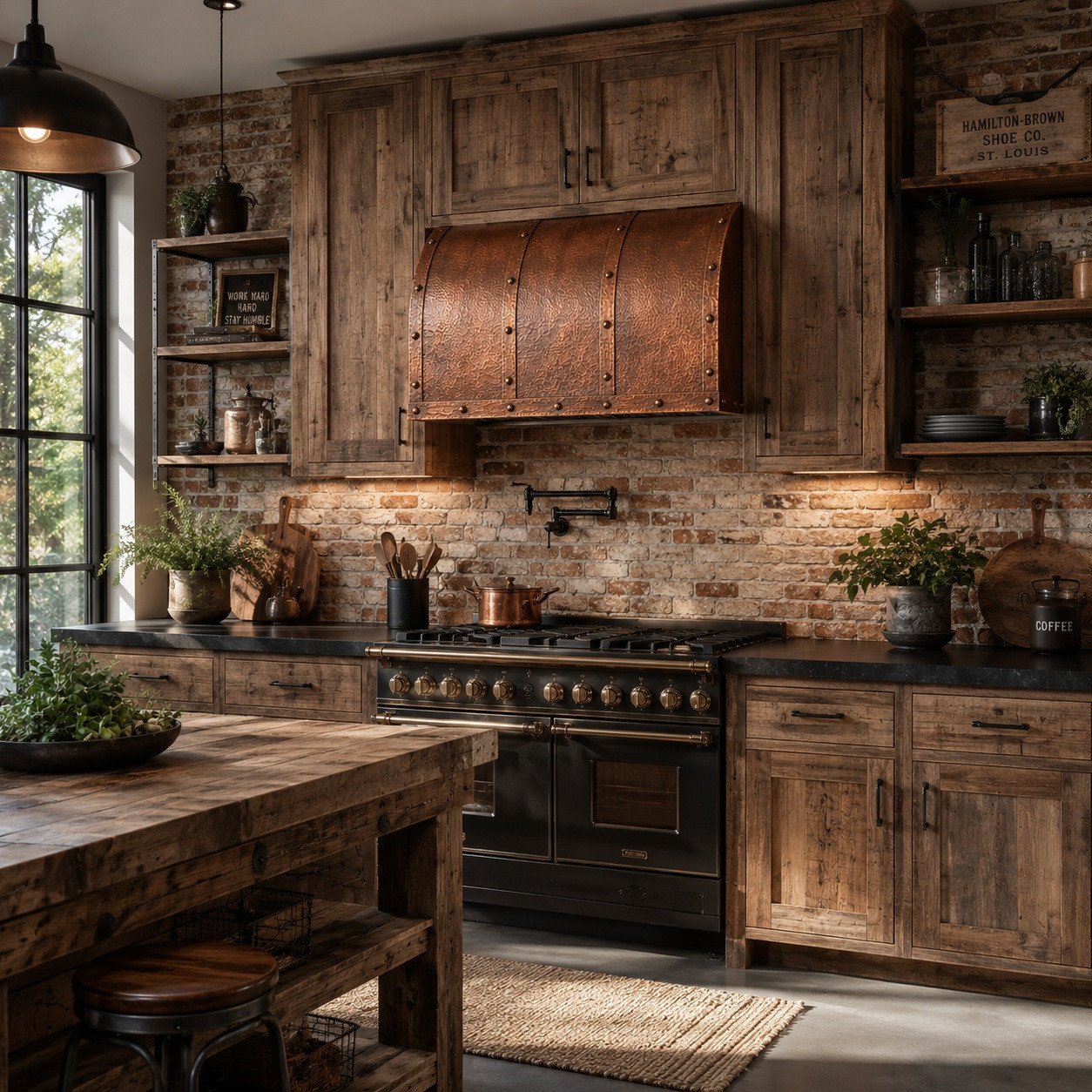 Industrial rustic kitchen with barrel-vault under-cabinet copper hood, riveted straps, and hammered finish