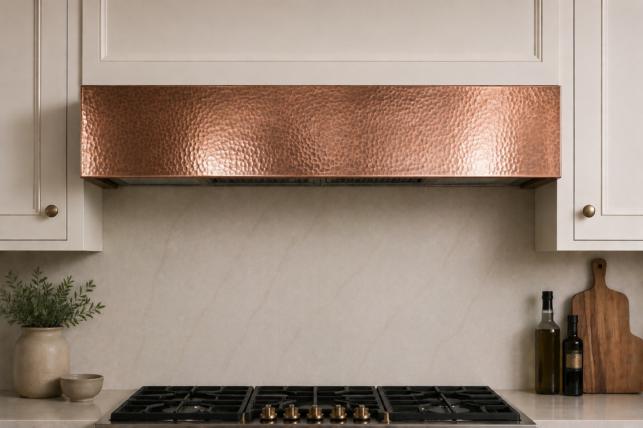 Hand-polished hammered box-shape under-cabinet copper range hood installed as under-cabinet in the kitchen