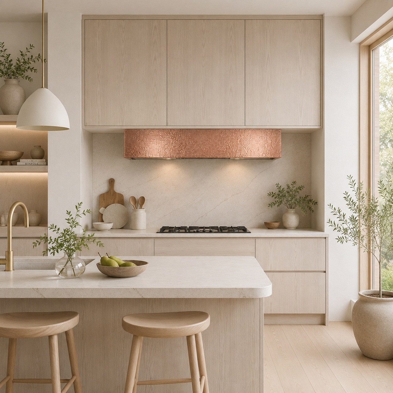 Scandinavian kitchen with polished under-cabinet copper hood