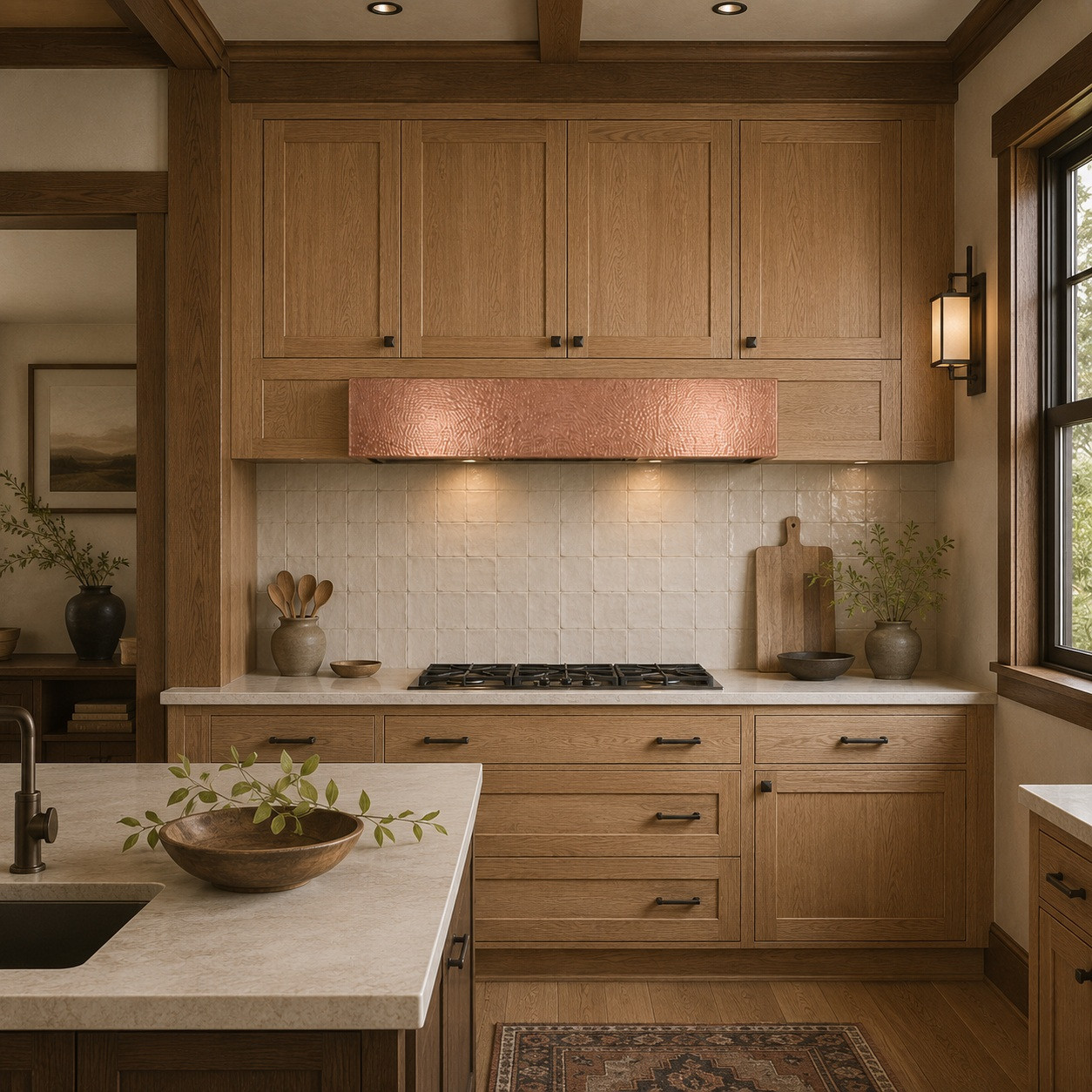 Contemporary Craftsman kitchen with hand-polished copper box under-cabinet hood and hammered finish
