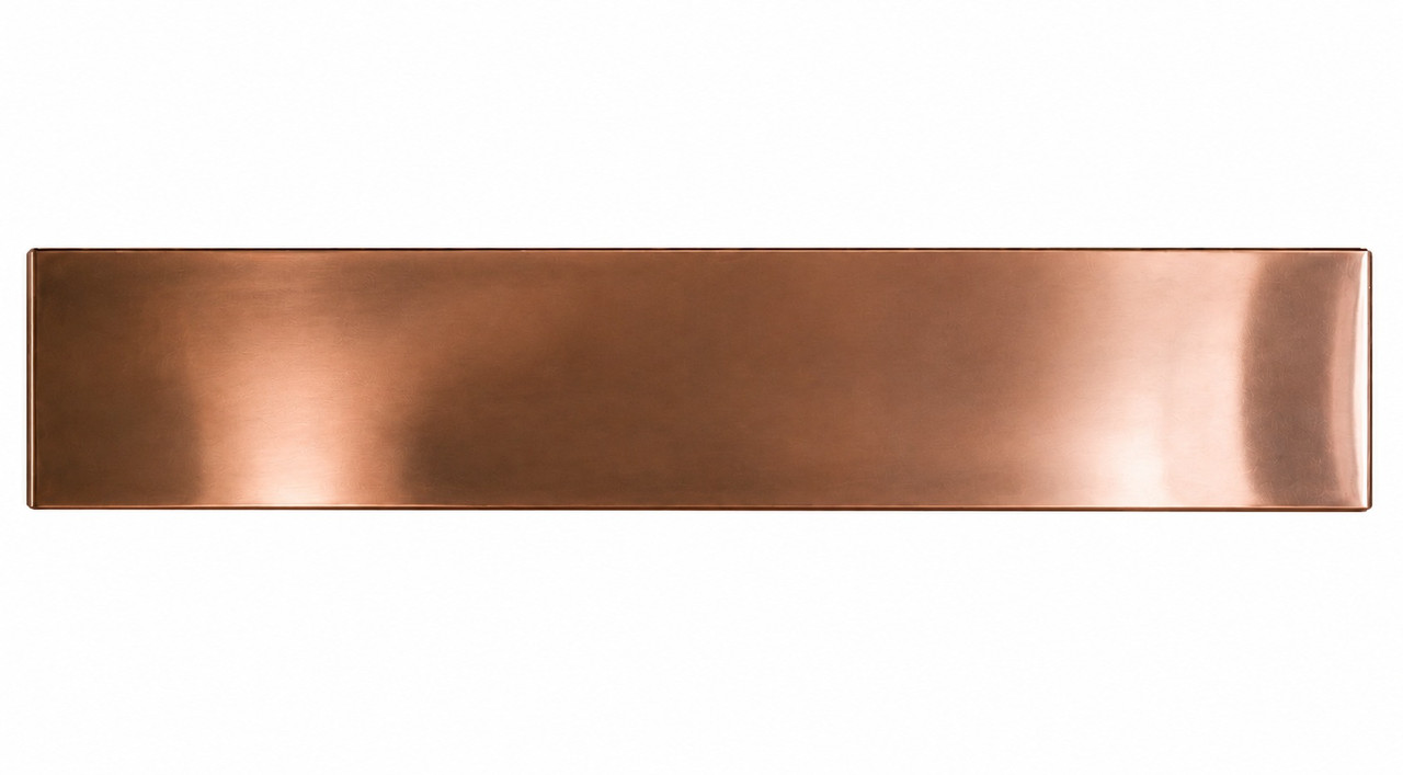 Hand-polished box-shaped under-cabinet copper range hood front view with smooth architectural design