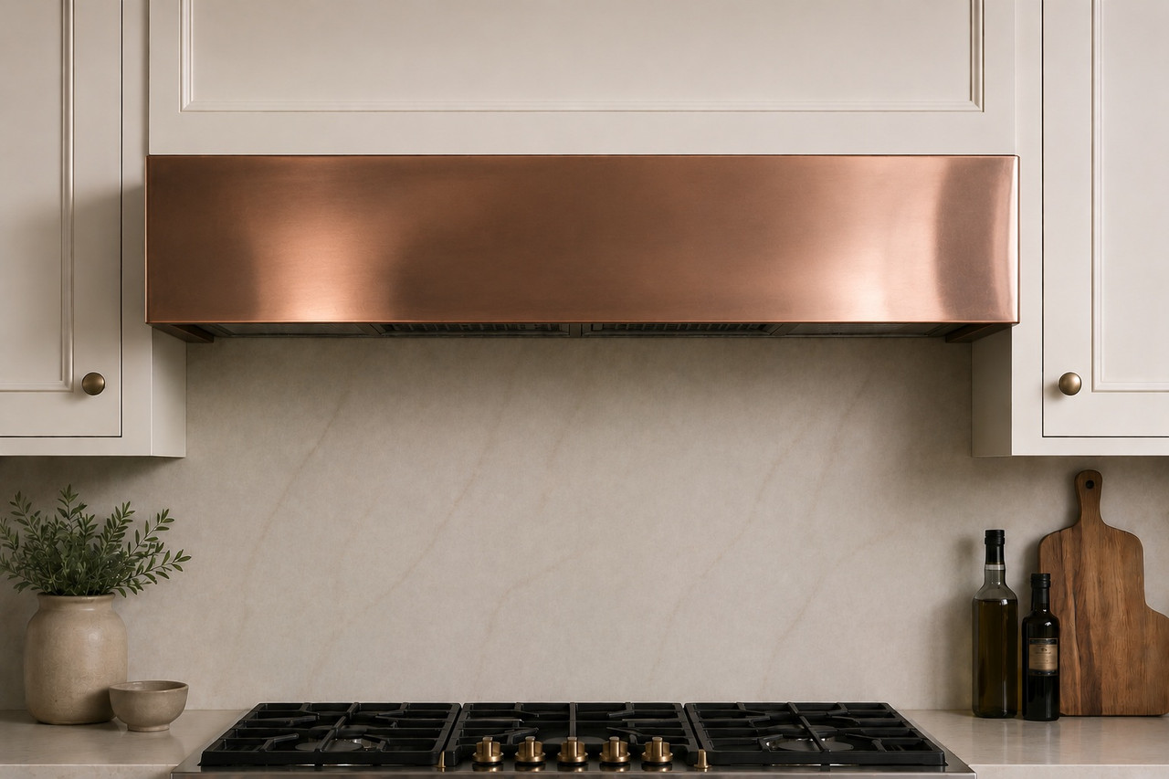 Smooth hand-polished copper under-cabinet box hood with planar front, rounded returns, and reflective finish