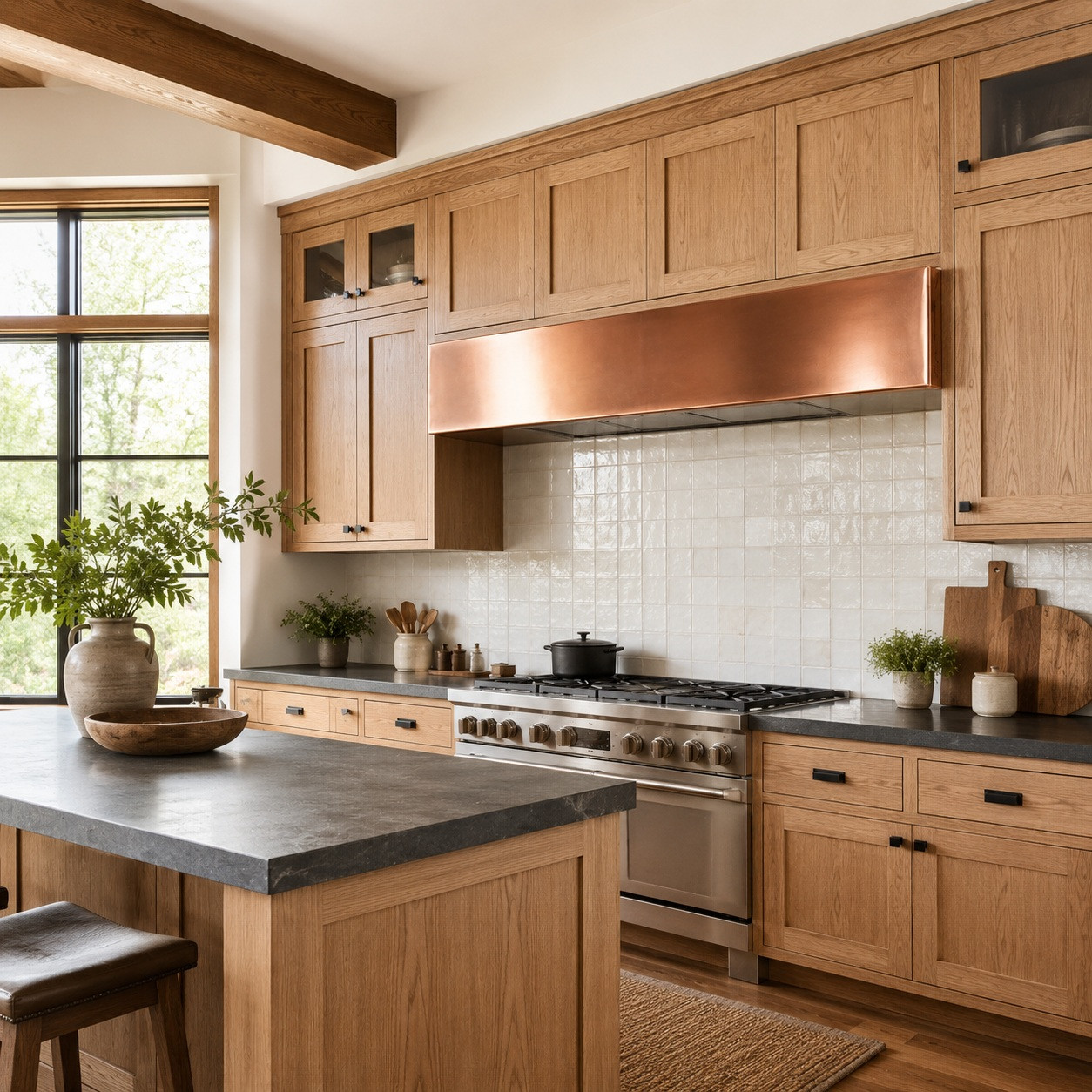 Contemporary Craftsman kitchen with smooth hand-polished copper undercabinet box hood