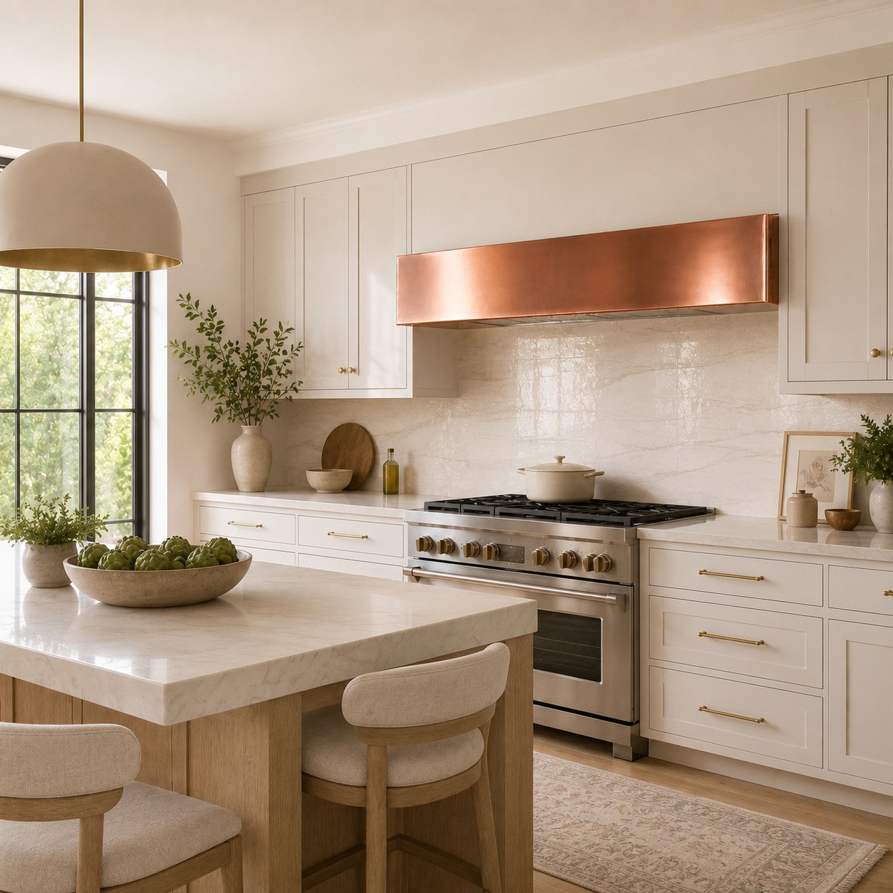 Soft contemporary kitchen with smooth hand-polished copper undercabinet box hood and warm reflective finish