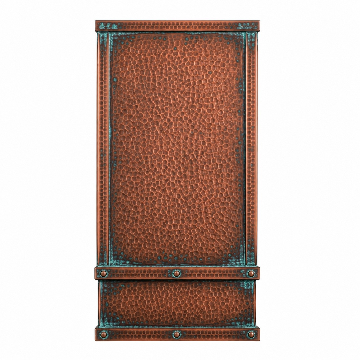 Hammered copper range hood side profile without vertical straps, showing a tall rectangular tower and oxidized riveted rails