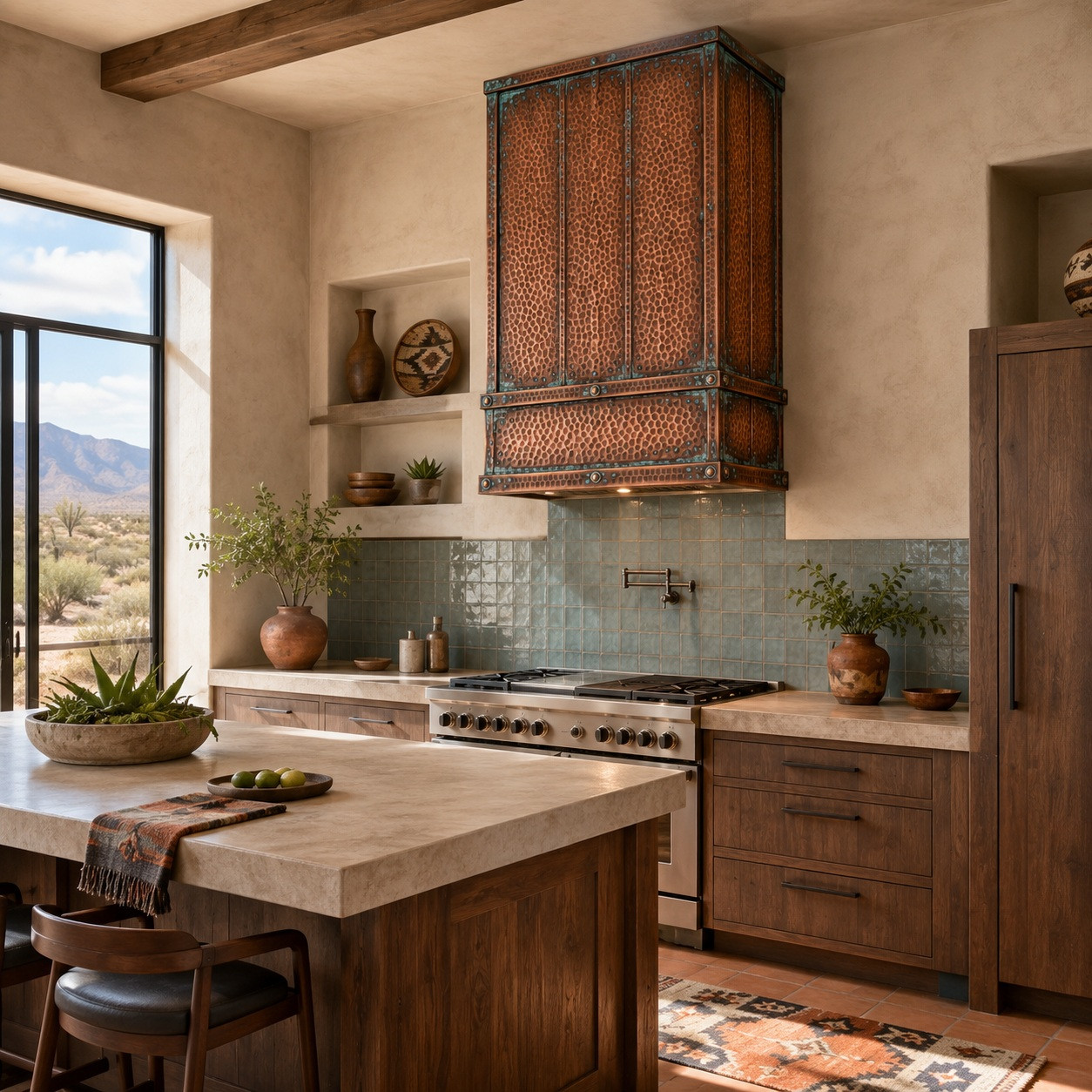 Southwestern contemporary kitchen with hammered copper tower hood and blue-green verdigris straps
