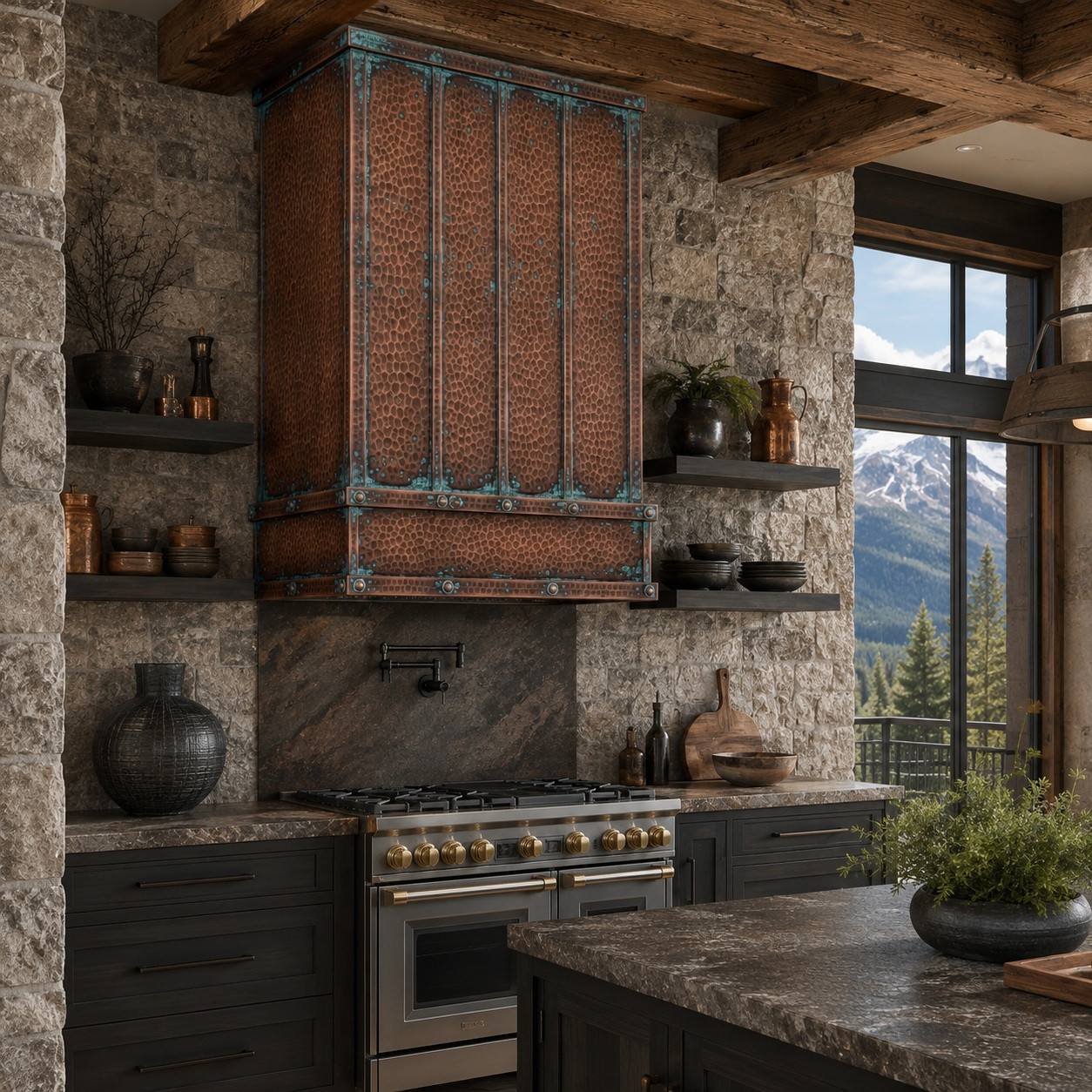 Mountain modern kitchen with hammered copper tower range hood, verdigris straps, and riveted panels