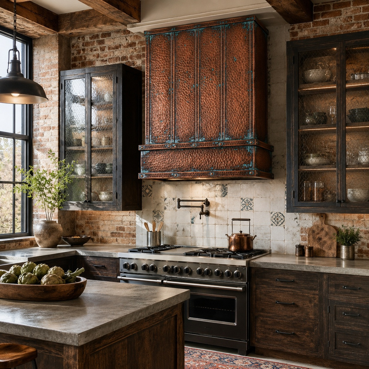 Heritage industrial kitchen with hammered copper tower hood, riveted panels, and verdigris straps