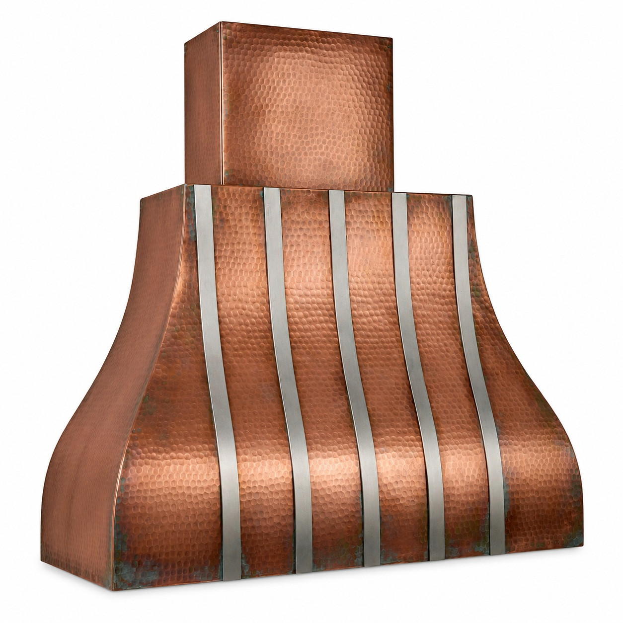 Angled view of copper bell range hood with polished zinc straps and plain side panels on white
