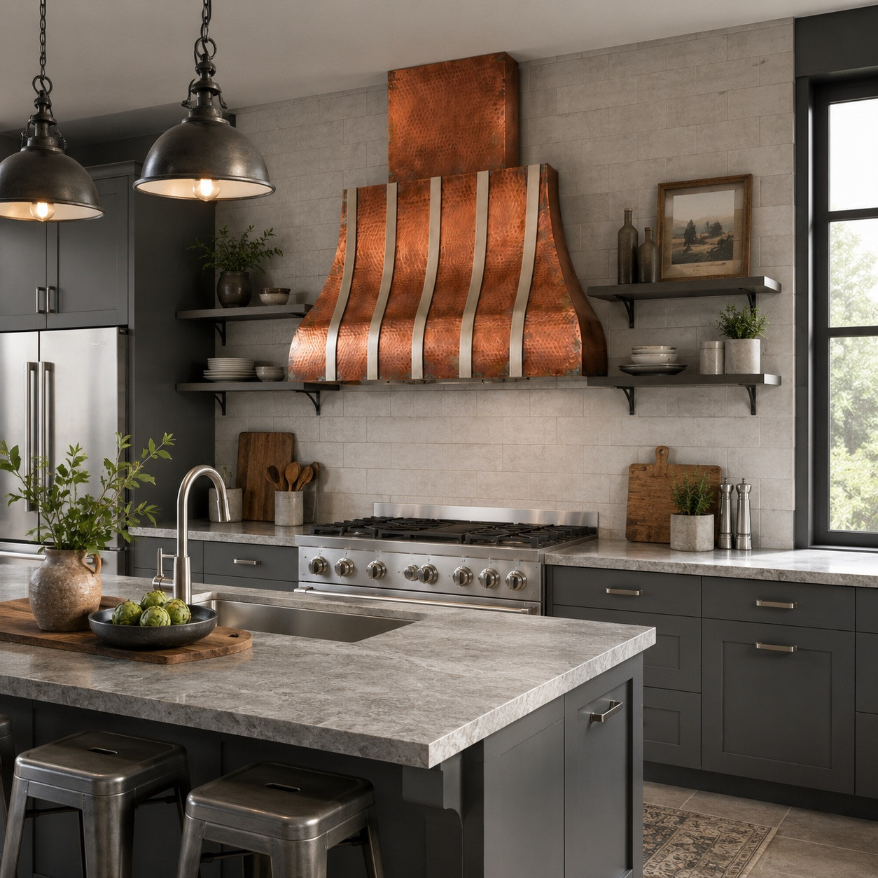 Industrial transitional kitchen with copper bell range hood and polished zinc straps