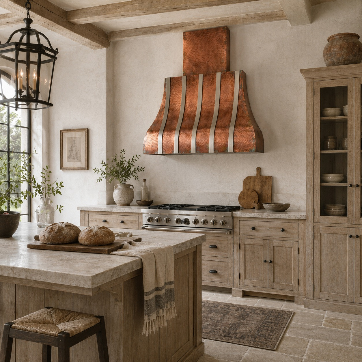 Belgian farmhouse kitchen with copper bell range hood and polished zinc front straps