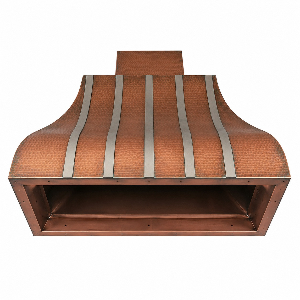 Underside view of hammered copper range hood with zinc straps and open cavity for a buyer-supplied insert