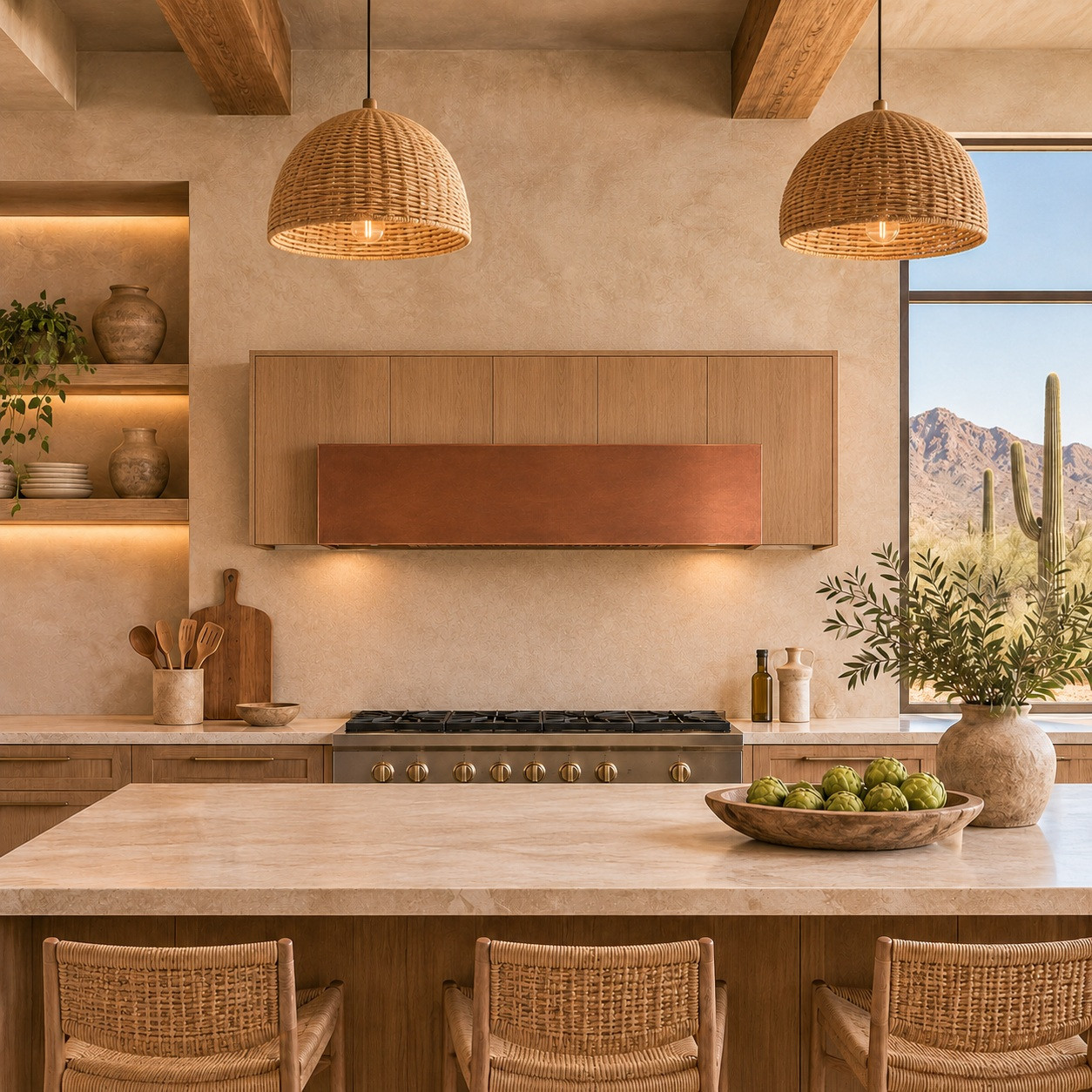 Desert modern kitchen with smooth copper box under-cabinet range hood and flat front