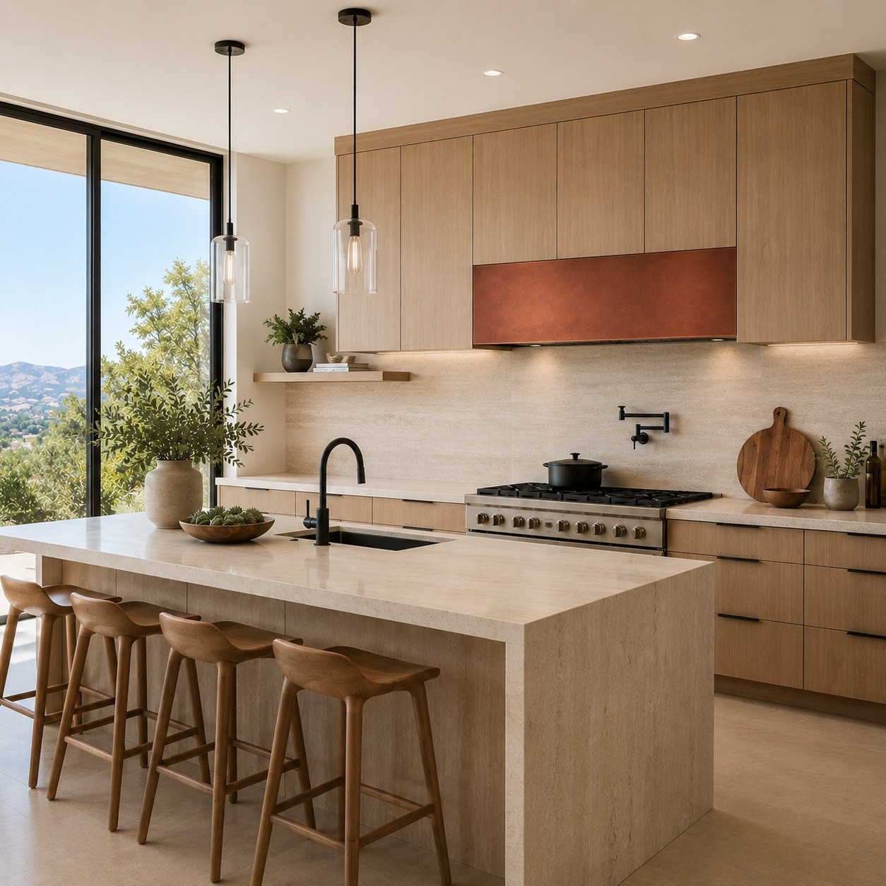 California contemporary kitchen with smooth copper box under-cabinet range hood and open island layout