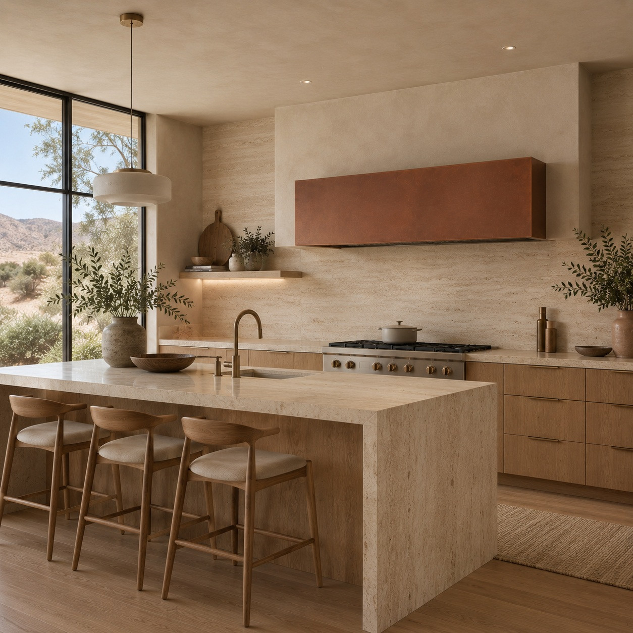Organic modern kitchen with smooth copper box under-cabinet hood and natural finishes
