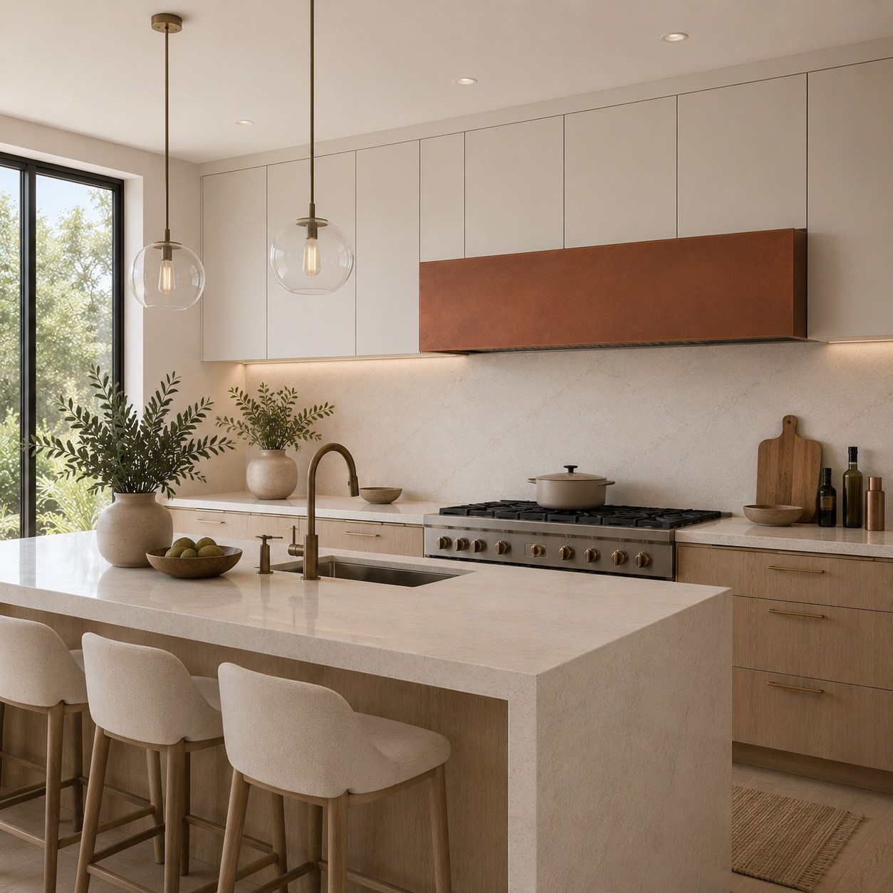 Soft contemporary kitchen with smooth copper box under-cabinet range hood and warm flat front