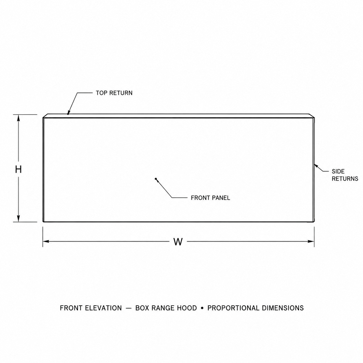 Smooth copper box under-cabinet range hood drawing with flat front and clean proportional geometry