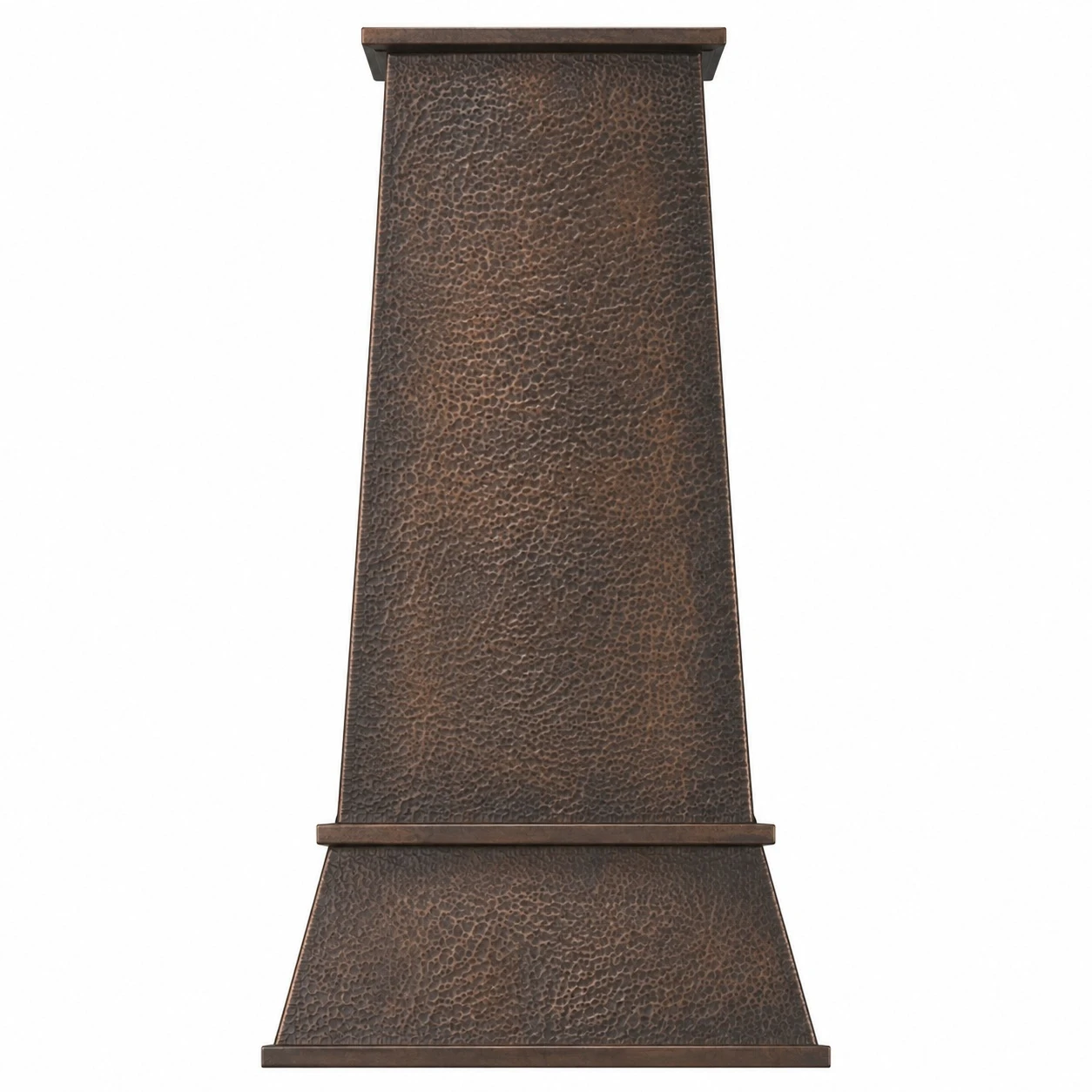 Tall tapered copper range hood for commercial and domestic kitchens with straight chimney and compact lower skirt