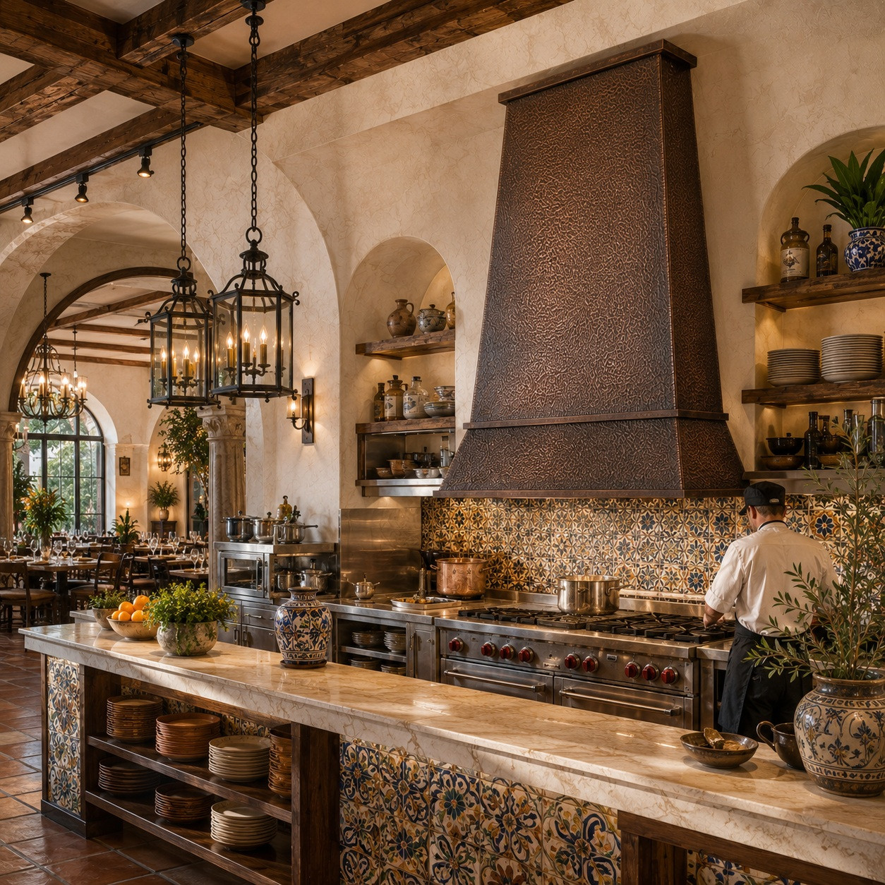 Boutique restaurant kitchen with tall tapered copper range hood and hand-hammered finish