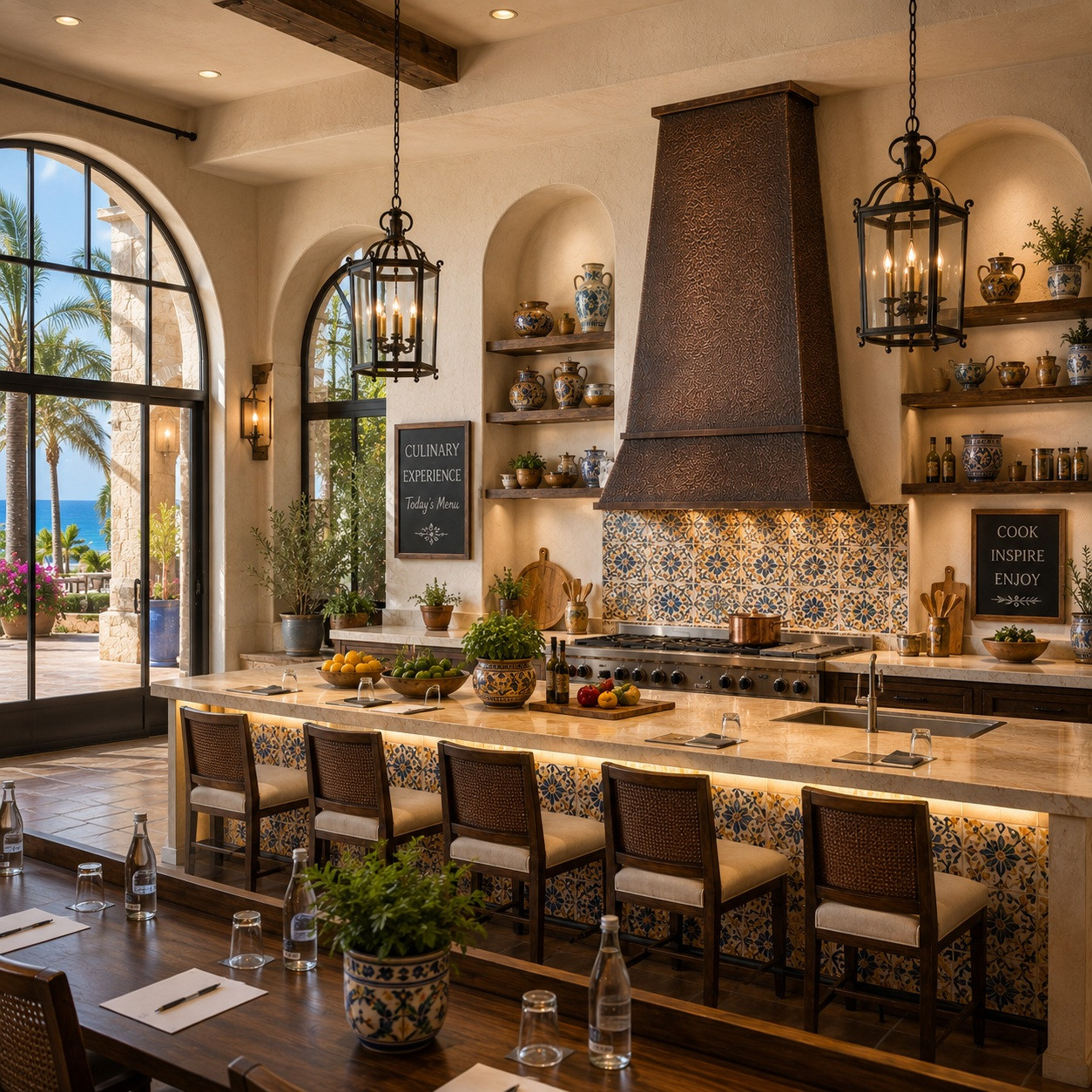 Resort restaurant kitchen with tall tapered copper range hood and structured chimney profile