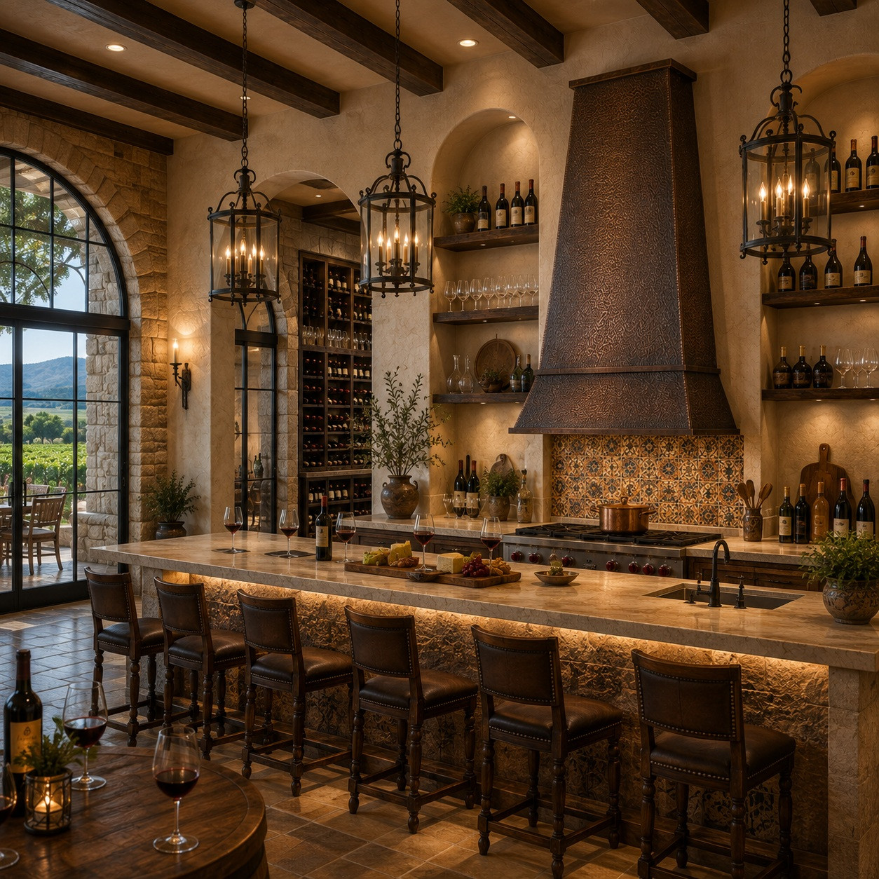 Wine bar kitchen with tall tapered copper range hood and warm handcrafted metal surface