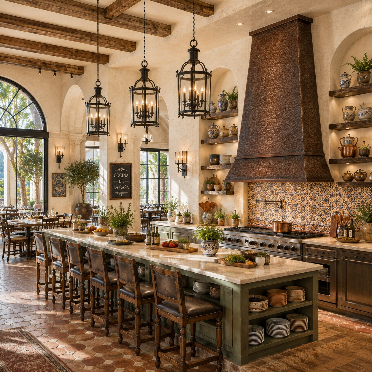 Historic hospitality kitchen with tall tapered copper range hood and antique-style finish
