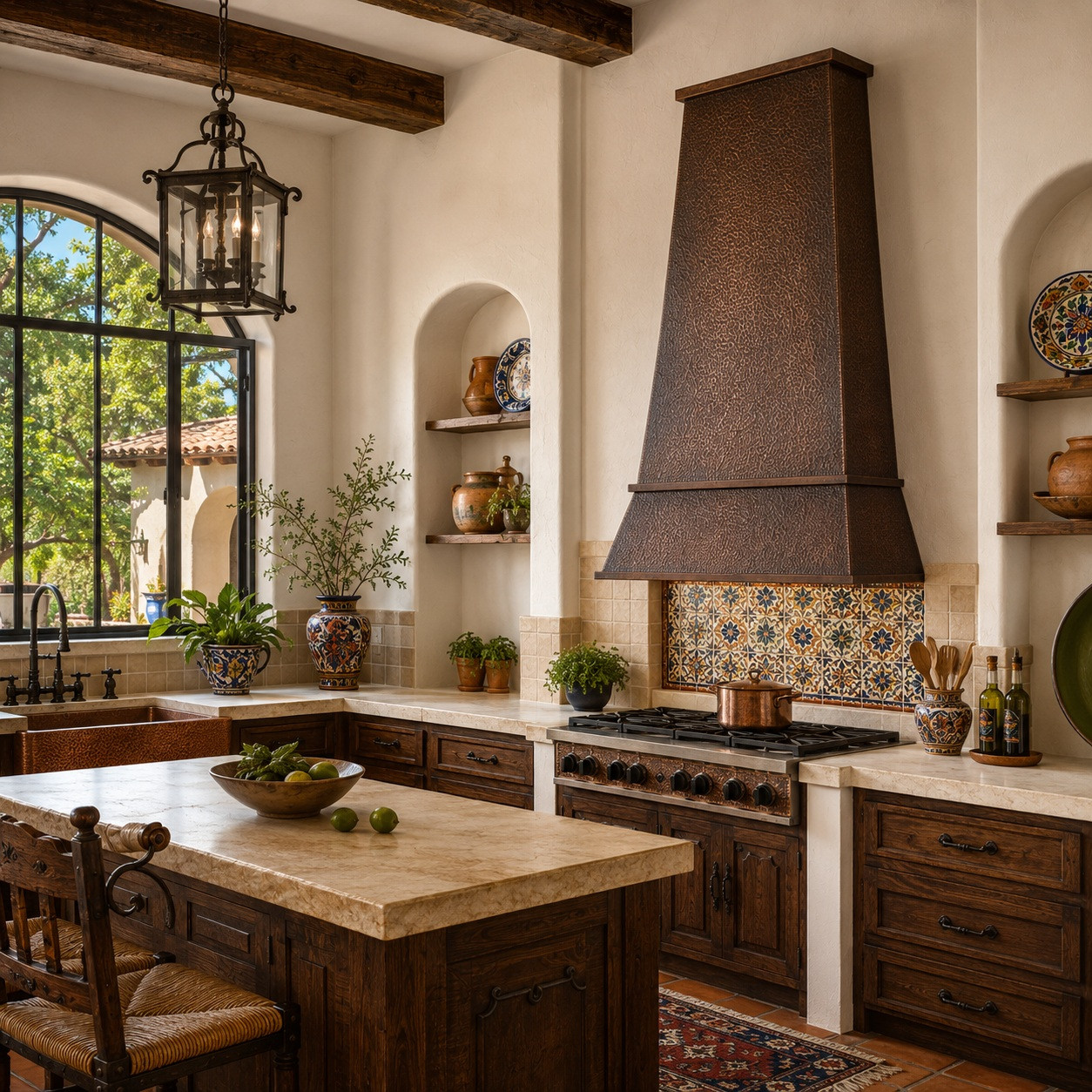 Domestic colonial kitchen with tall tapered copper range hood and straight copper planes