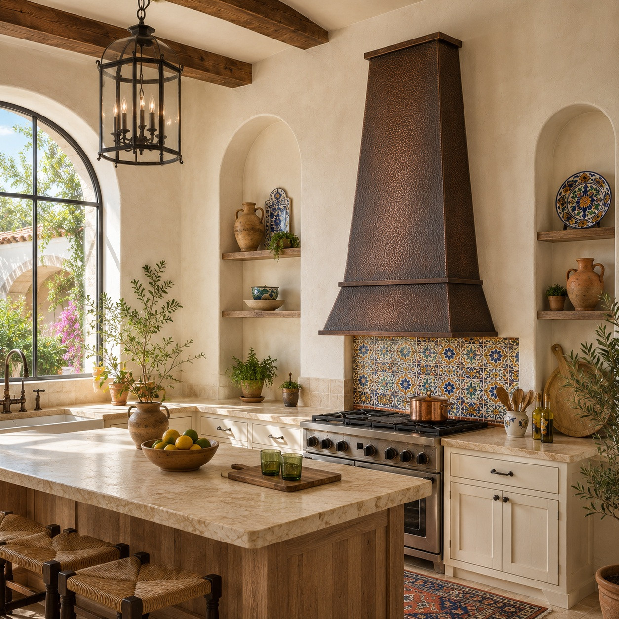 Mediterranean kitchen with tall tapered hand-hammered copper range hood, limewashed plaster, arches and natural oak