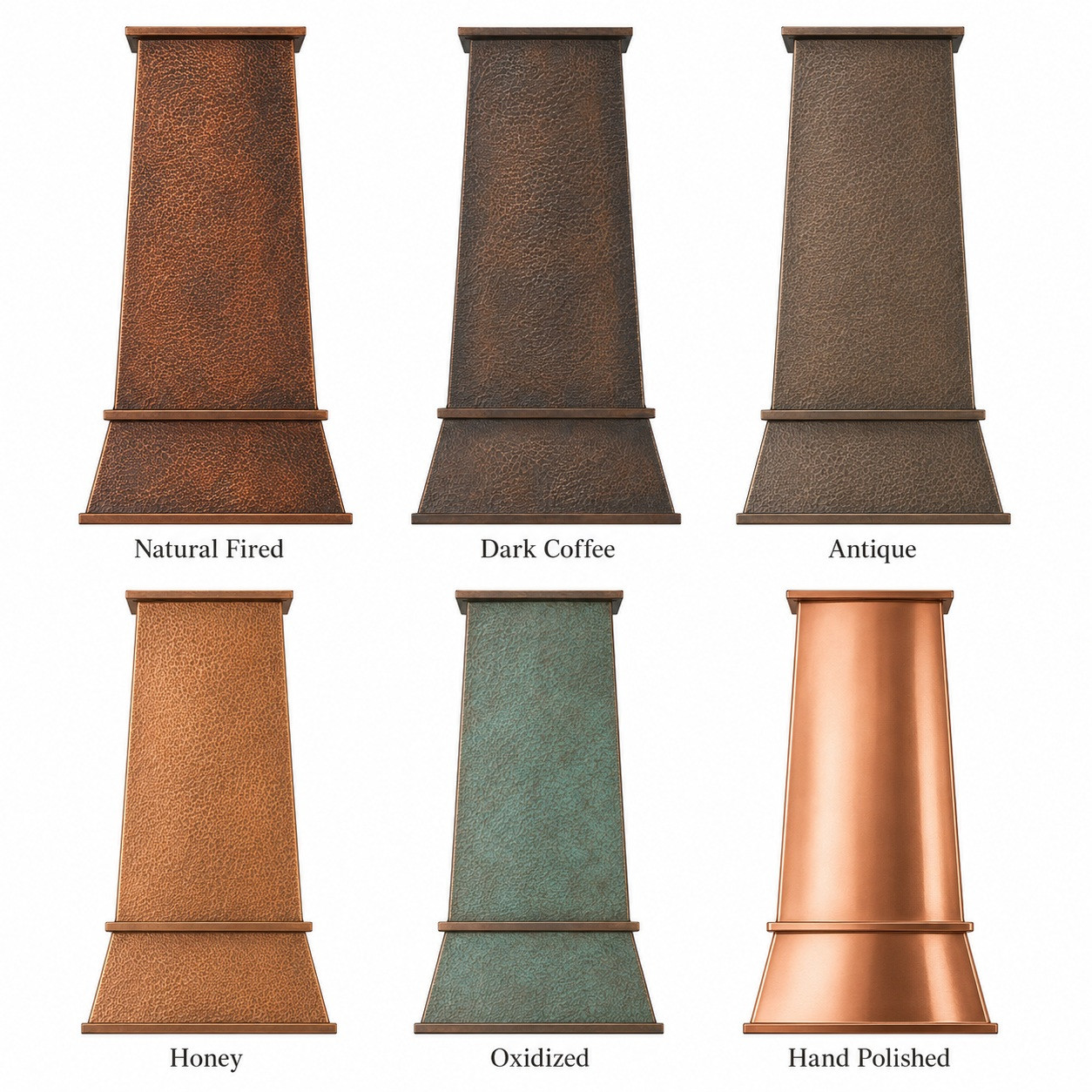 Six hand-hammered copper range hoods with tall tapered chimney and flat bends shown in natural, coffee, antique, honey and green patinas, and-hand polished option