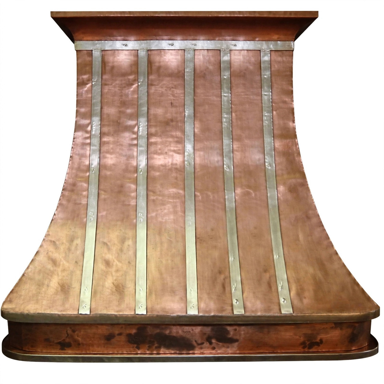 Smooth copper bell range hood with zinc straps, rounded apron, horizontal collar, and warm patina