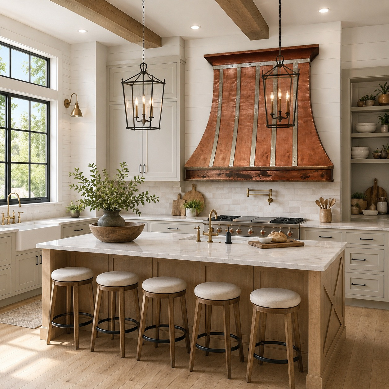 Modern farmhouse kitchen with smooth copper bell range hood, zinc straps, and rounded apron