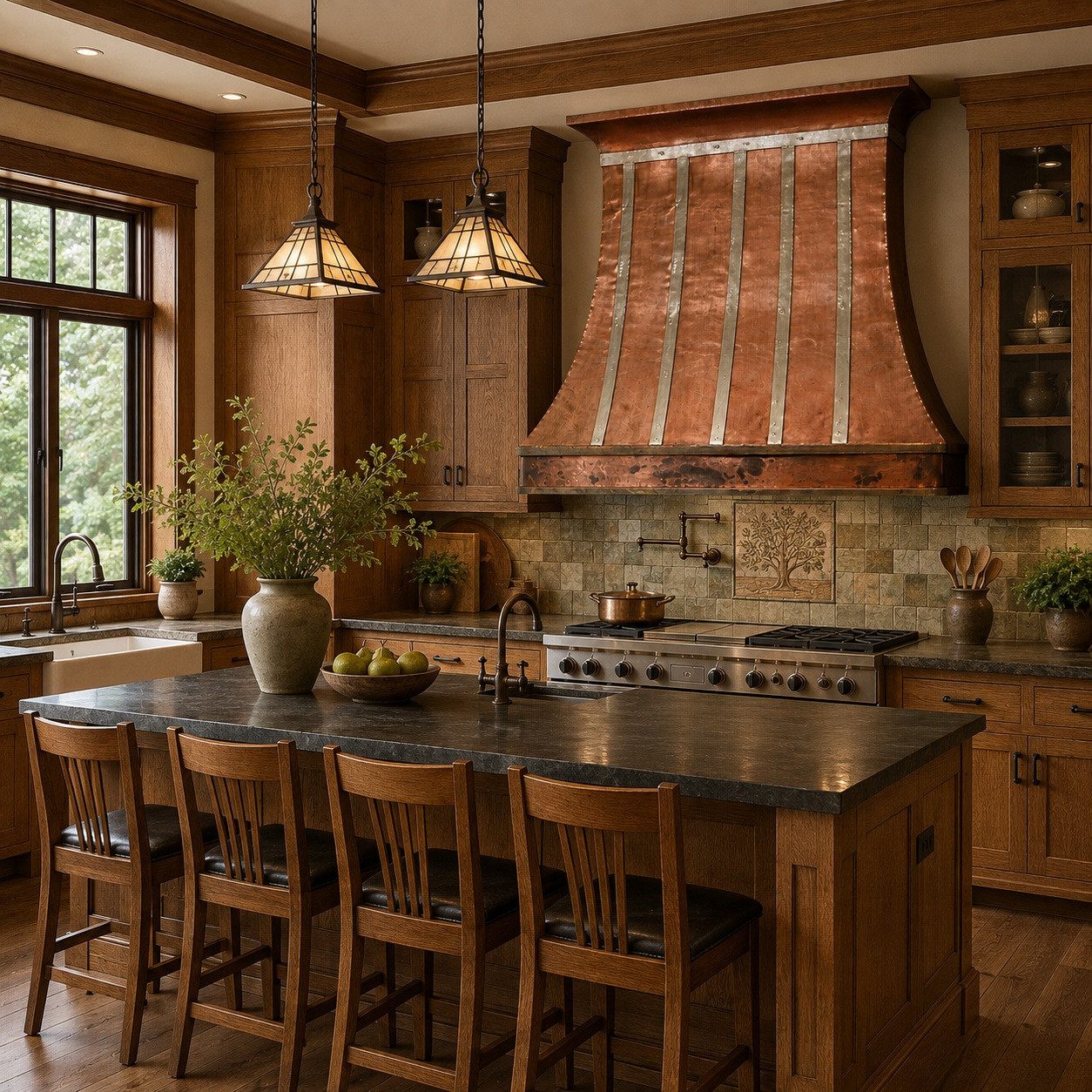 Arts and Crafts kitchen with smooth copper bell range hood and vertical zinc straps