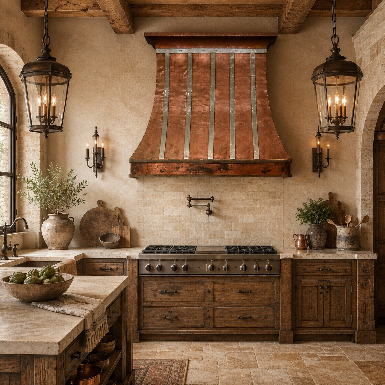 Rustic European kitchen with smooth copper bell range hood, zinc straps, and rounded apron
