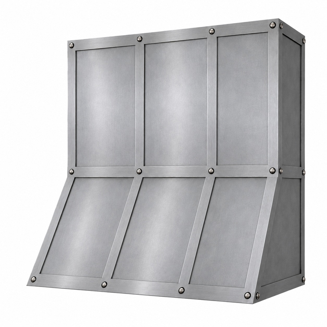 Natural zinc range hood with smooth panels, riveted straps and angled view on a white background